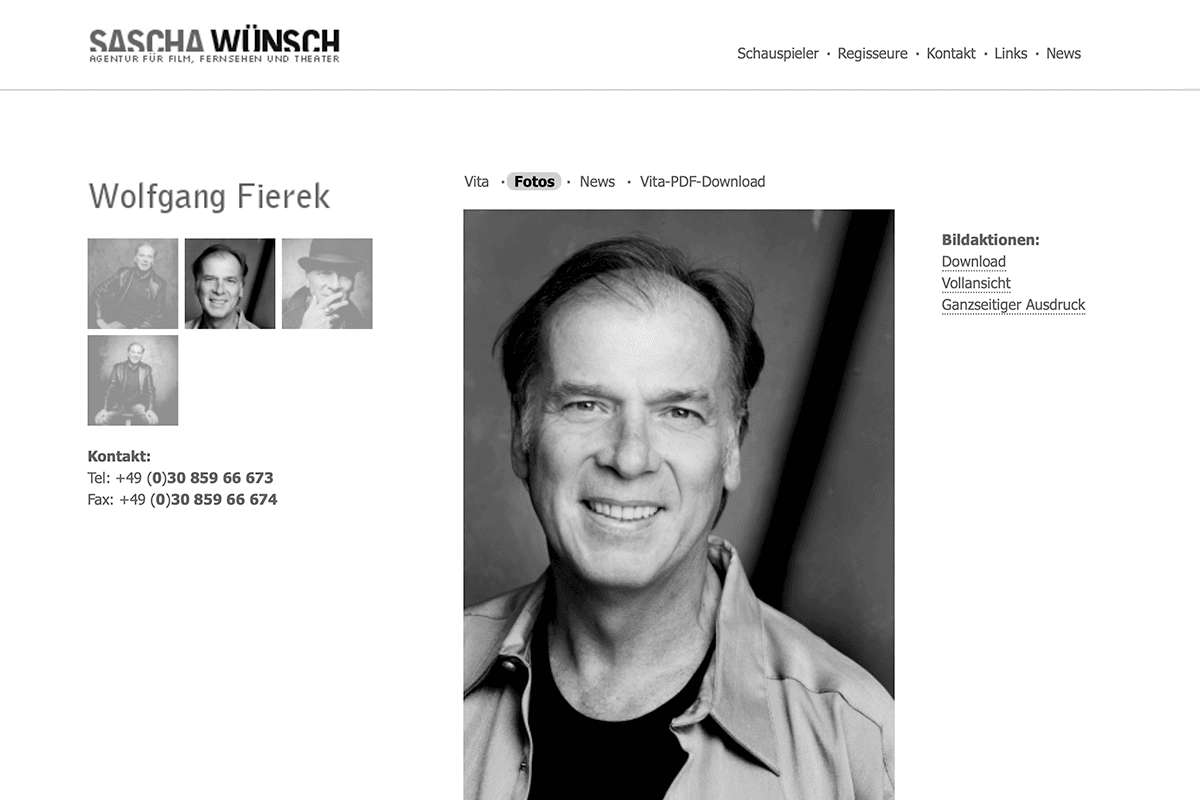 Design and Markup for Sascha Wünsch, Actors agent, German